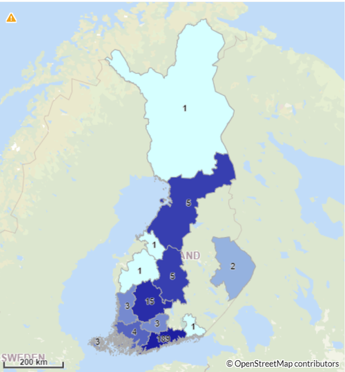 Esimerkkikuva toimittaja-analyysin tuloksesta, toimittajien sijoittuminen kartalla