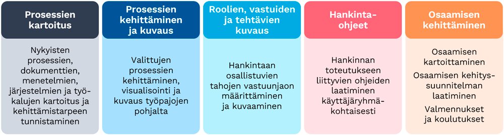 Asiakas voi valita, minkä vaiheen hankintatoimen prosessien kehittämisestä haluaa toteuttaa. Kuvassa esitellään vaihtoehtoja.