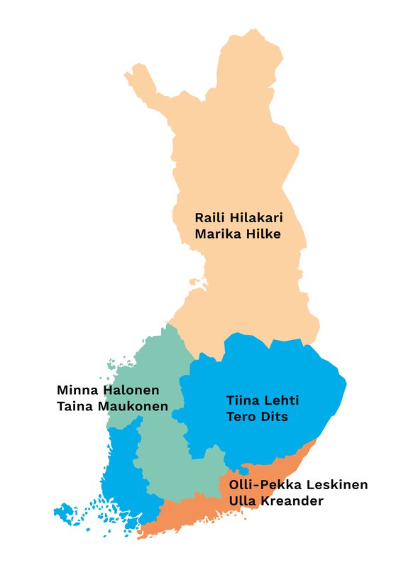 Kartta Hanselin asiakkuuspäälliköiden aluejaosta